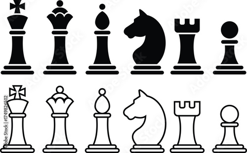 Black and white chess icons set, outline and solid collection of vector pieces, flat line style group design including king, queen, bishop, knight, rook, pawn illustrations