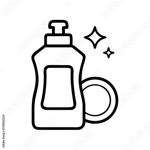 Clean dish soap bottle with sparkling clean plate and stars icon