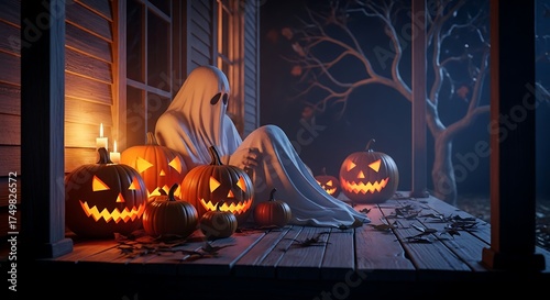 Wallpaper Mural Ghostly figure with glowing pumpkins on a wooden porch at night Torontodigital.ca
