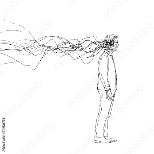 Line drawing of a man in a suit with flowing lines emanating from his head in a side profile view