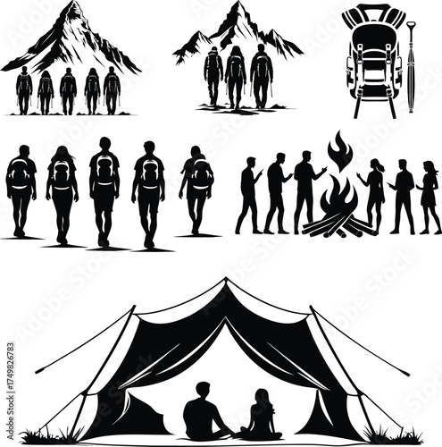 Collection of hiking and camping silhouettes featuring people trekking mountains a campfire and a tent vector illustration set