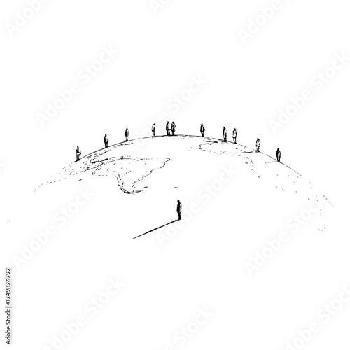 Illustration of people standing on a stylized earth with one figure casting a long shadow in black and white