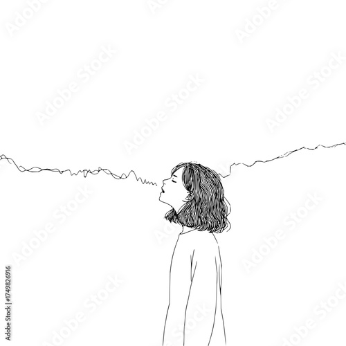 Illustration of a woman with short hair singing or speaking with sound waves emanating from her mouth line art