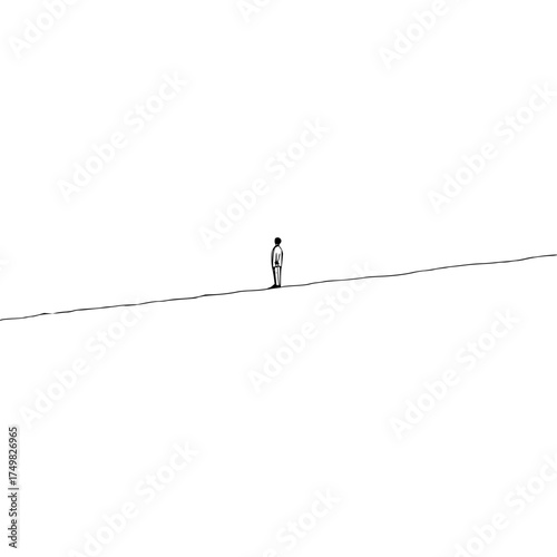 A minimalist illustration of a lone figure standing on a horizon line in a vast white space landscape