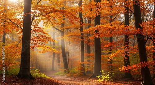 Autumn Woods: Experience the enchanting scene of a forest bathed in the warm hues of autumn, where the vibrant leaves create a picturesque display amidst the tall, majestic trees.