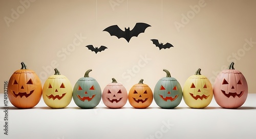 Wallpaper Mural Pastel Halloween: Carved Pumpkins and Paper Bats Against a Beige Backdrop Torontodigital.ca