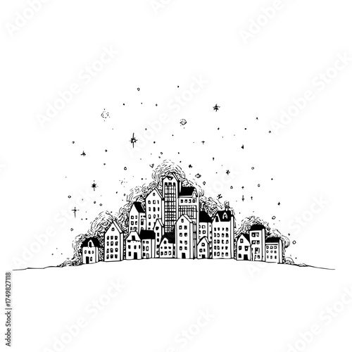 Hand drawn illustration of a stylized townscape with houses and buildings under a sky with stars and dots