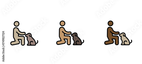 Set of three vector icons illustrating the bond between a man and his dog in various poses, such as sitting together or training. Represents pet ownership, companionship, obedience, and care. Editable
