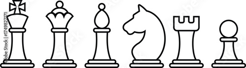 Black and white chess icons set, outline and solid collection of vector pieces, line style group design including king, queen, bishop, knight, rook, pawn illustrations