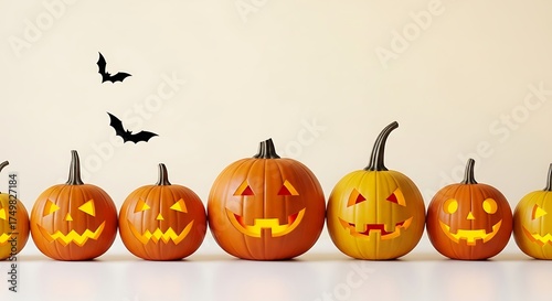 Wallpaper Mural Row of illuminated Jack-o'-lanterns with bats, Halloween decorations on a light background Torontodigital.ca