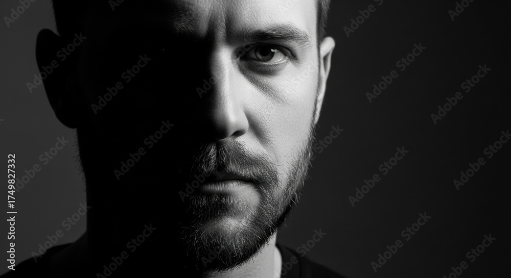Obraz premium Dramatic Black and White Close-Up Portrait of a Man with Intense Gaze and Partial Shadow