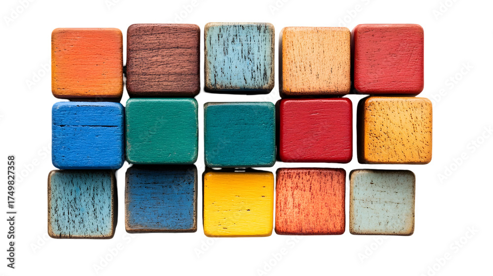 Fototapeta premium Colorful wooden blocks stacked in a pile, isolated on transparent background, perfect for educational concepts