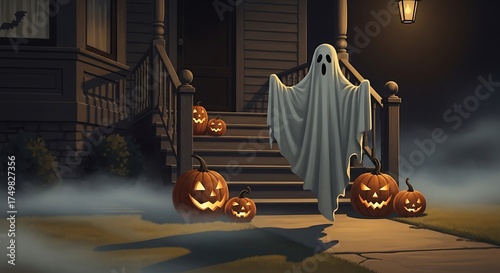 Wallpaper Mural Spooky Halloween Night: Ghostly Apparition and Jack-o'-Lanterns on Porch Steps Torontodigital.ca