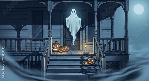 Wallpaper Mural Spooky Halloween Night Scene: Ghost, Pumpkins, and Glowing Candle on Porch Torontodigital.ca