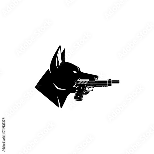 Silhouette of canine holding handgun in mouth, set on a white background