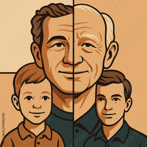 Generational portrait showing a boy, man, and elderly man side by side