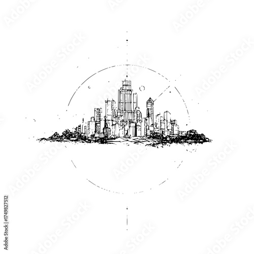 Illustration of a cityscape skyline with tall buildings and a circular geometric design element around it