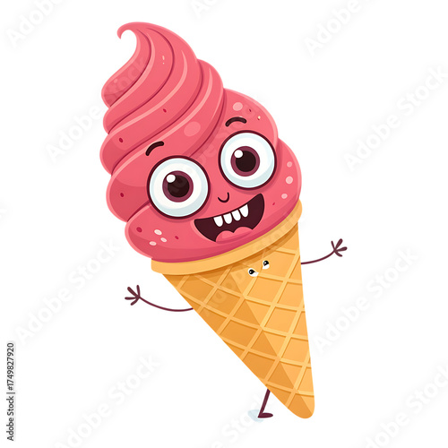 Hilarious pink ice cream cone character with googly eyes and big smile fun