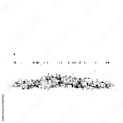 Abstract black and white landscape with horizon line and scattered figures and geometric shapes below it