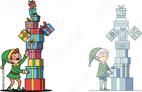 Flat vector cartoon elf with gift boxes illustration, colorful holiday design, festive character artwork, Christmas themed decorative present stacking concept