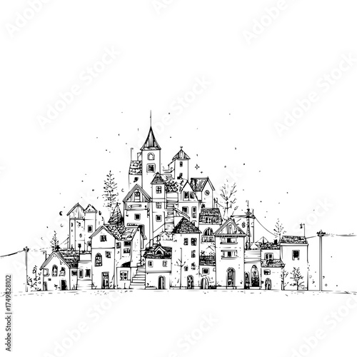 Illustration of a clustered village with various building styles and a central tower in black and white ink