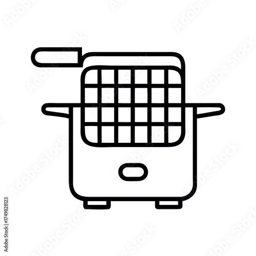 Simple line art icon of a deep fryer with basket and handle