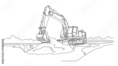 Continuous Line Drawing of Excavator Digging Earth at Construction Site, Minimalist Black and White Illustration of Excavation Work and Construction Machinery