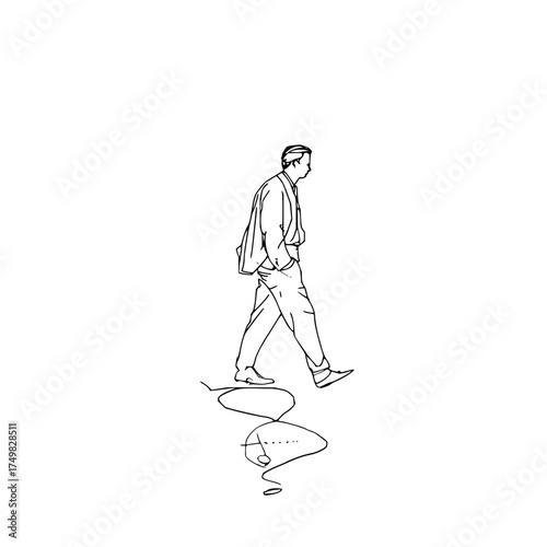 Line drawing of a man in a suit walking with his hand in his pocket and a speech bubble below him