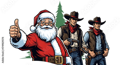 Santa claus gives a thumbs up with two cowboys standing behind him in a festive christmas scene with a pine tree