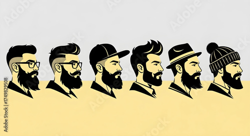 Diverse collection of stylish men s hairstyles and beards in profile showcasing modern grooming trends and individual fashion