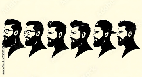Collection of diverse male profiles showcasing various beard styles and haircuts against a neutral background