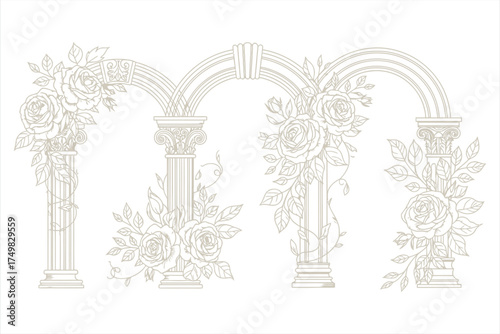 Antique Roman columns adorned with flowing roses and leaves architecture classical