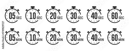 Stopwatch and Timer icon set. Seconds and minutes countdown. Sports, fitness, coaching, and time management design illustration. Flat solid vector collection