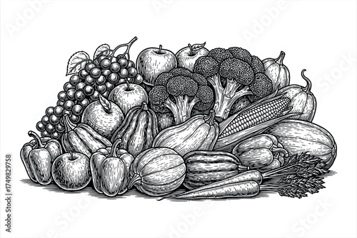 Black and white engraving of assorted fruits and vegetables in a pile produce grapes