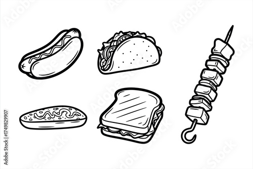 Black and white line art of hot dog taco sandwich and kebab on white background skewer