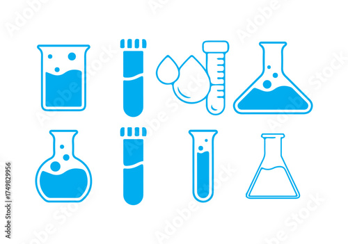 Chemical flask icon set.  equipment icons including beakers and test tubes. science experiments, education and medicine. vector illustration eps 10