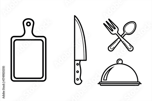 Black outline kitchen utensils including cutting board knife fork spoon and cloche vector