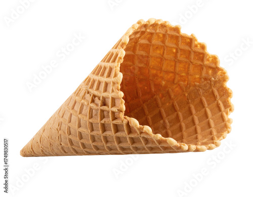 Flat lay of empty ice cream waffle cone cutout on transparent background