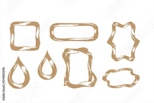 Collection of seven hand drawn irregular brown frames and shapes on white border organic