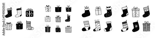 Hand drawn black and white Christmas stockings and gift boxes collection