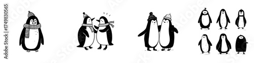 Cute hand drawn penguins dressed in warm winter accessories