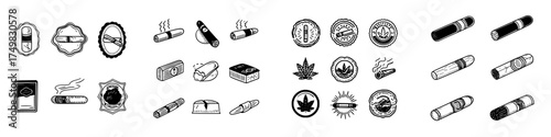 Vintage style hand drawn icons of cigar and cannabis leaves
