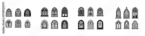 Gothic arched stained glass window icons in black and white outline style