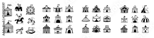 Hand drawn set of various circus tents and carnival elements icons