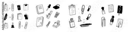 Hand drawn collection of office supplies and stationery fasteners