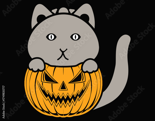 Happy Halloween Black Cat With Pumpkin - printable editable vector art file.