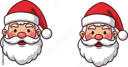 Santa Claus face cartoon illustration, festive holiday character, Christmas icon, red hat, white beard, flat vector, winter celebration design