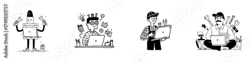 Diverse characters providing computer repair and technical support services