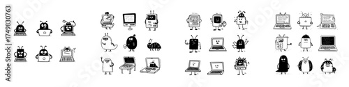 Cute computer bugs and malware characters interacting with laptops and monitors