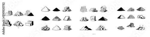 Piles and stacks of construction materials including bricks and aggregate